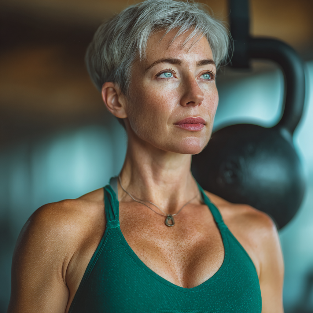 A confident woman in her late 40s with short gray hair performing a kettlebell exercise in a modern bright gym, wearing emerald green athletic wear, showing focused determination and proper form